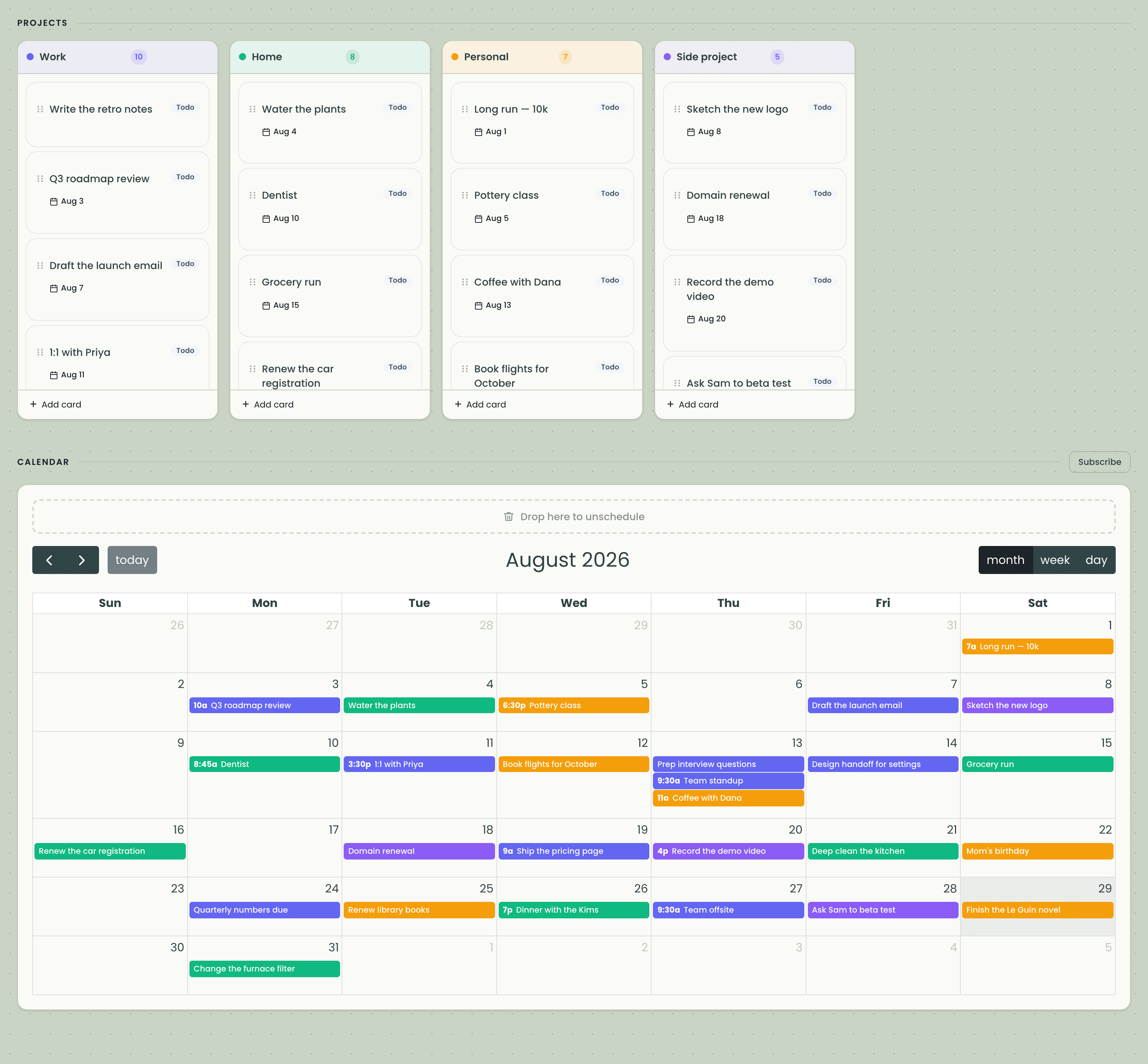 A KanPlan board with Work, Home, Personal, and Side project columns, above a month calendar filled with the dated cards.