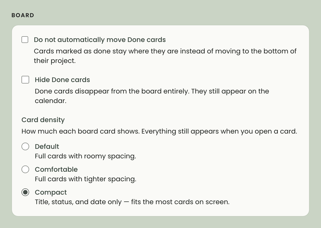 The Board section of settings, with card density set to Compact.