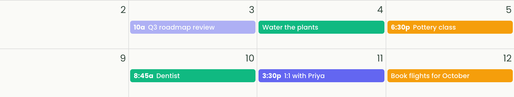 A strip of the month calendar where the done card's event is dimmed while neighbouring events keep their full colour.