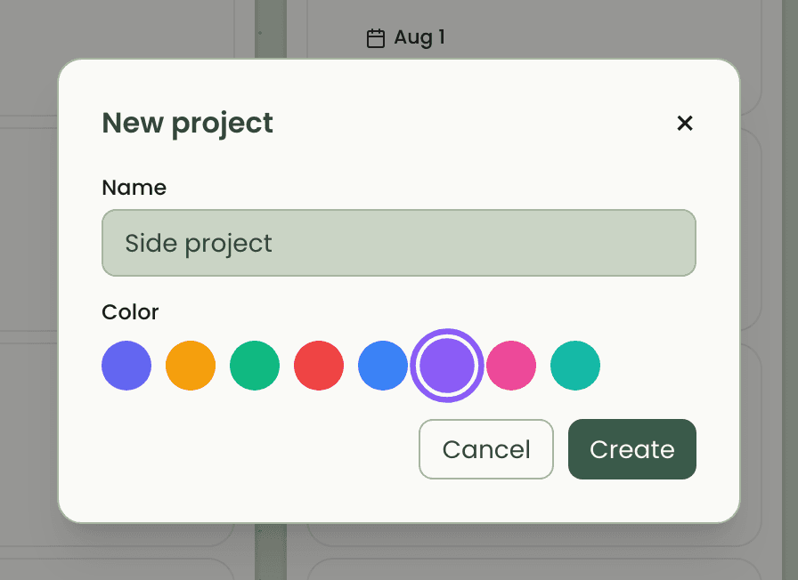 The New project dialog over the board, with a name filled in and a colour picked.