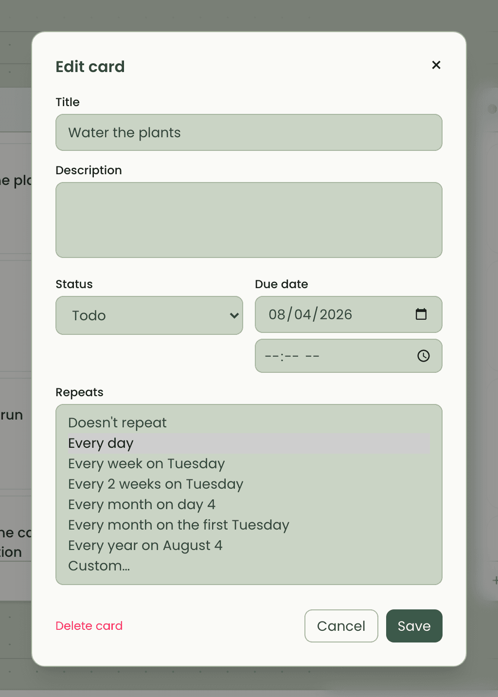 The card editor's Repeats list: every day, every week, every 2 weeks, monthly by date or by weekday, yearly, and Custom.