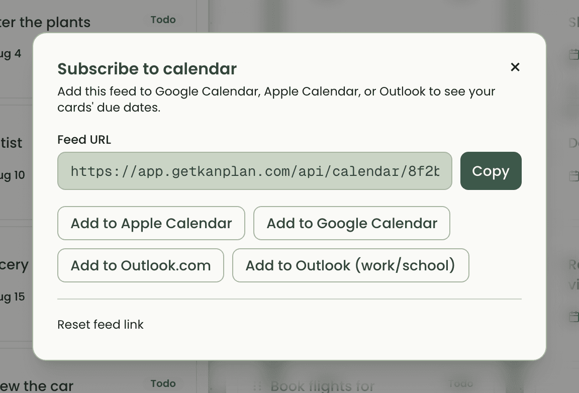 The Subscribe dialog showing the private feed URL and one-click buttons for Apple Calendar, Google Calendar, and Outlook.