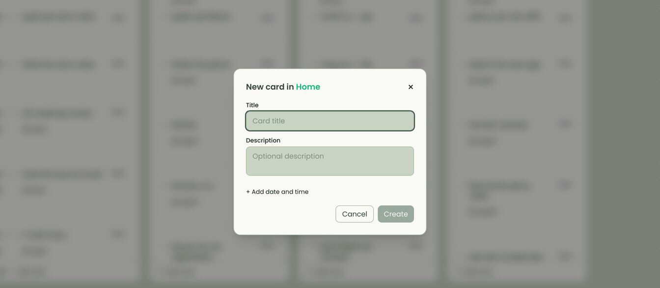 The New card dialog opens over the board, a title is typed, and the new card lands in the Home column.