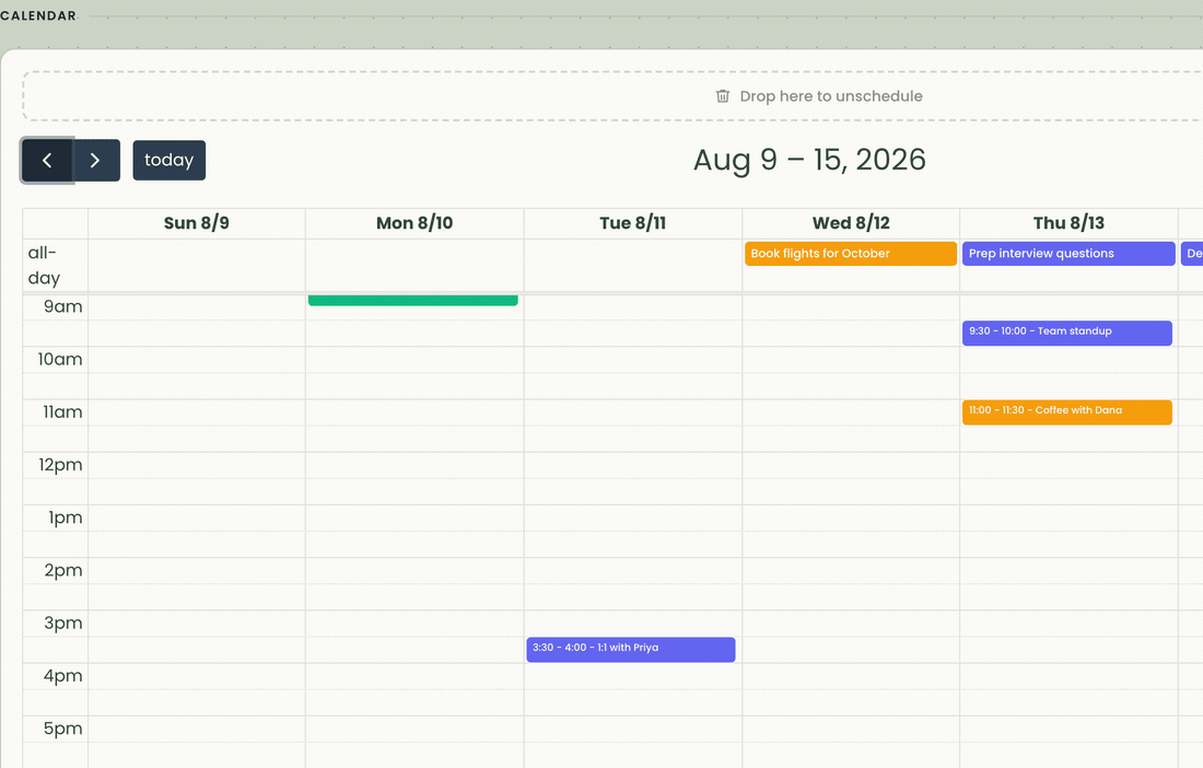 In week view, an all-day card is dragged from the all-day lane onto 2:00 pm on a day that already has a morning standup and a coffee, then stretched by its bottom edge into a 2:00–3:30 event.